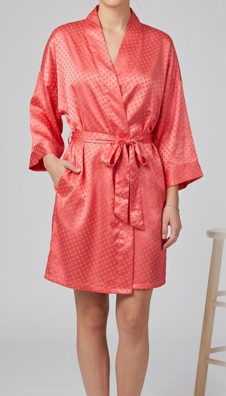 Cacique Lingerie Medium Coral Pink Dotted Satin Robe 100% Polyester